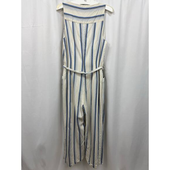 Paige Meade Stripe Jumpsuit Blue White Crop Leg Pockets Belt 4 - Picture 5 of 9